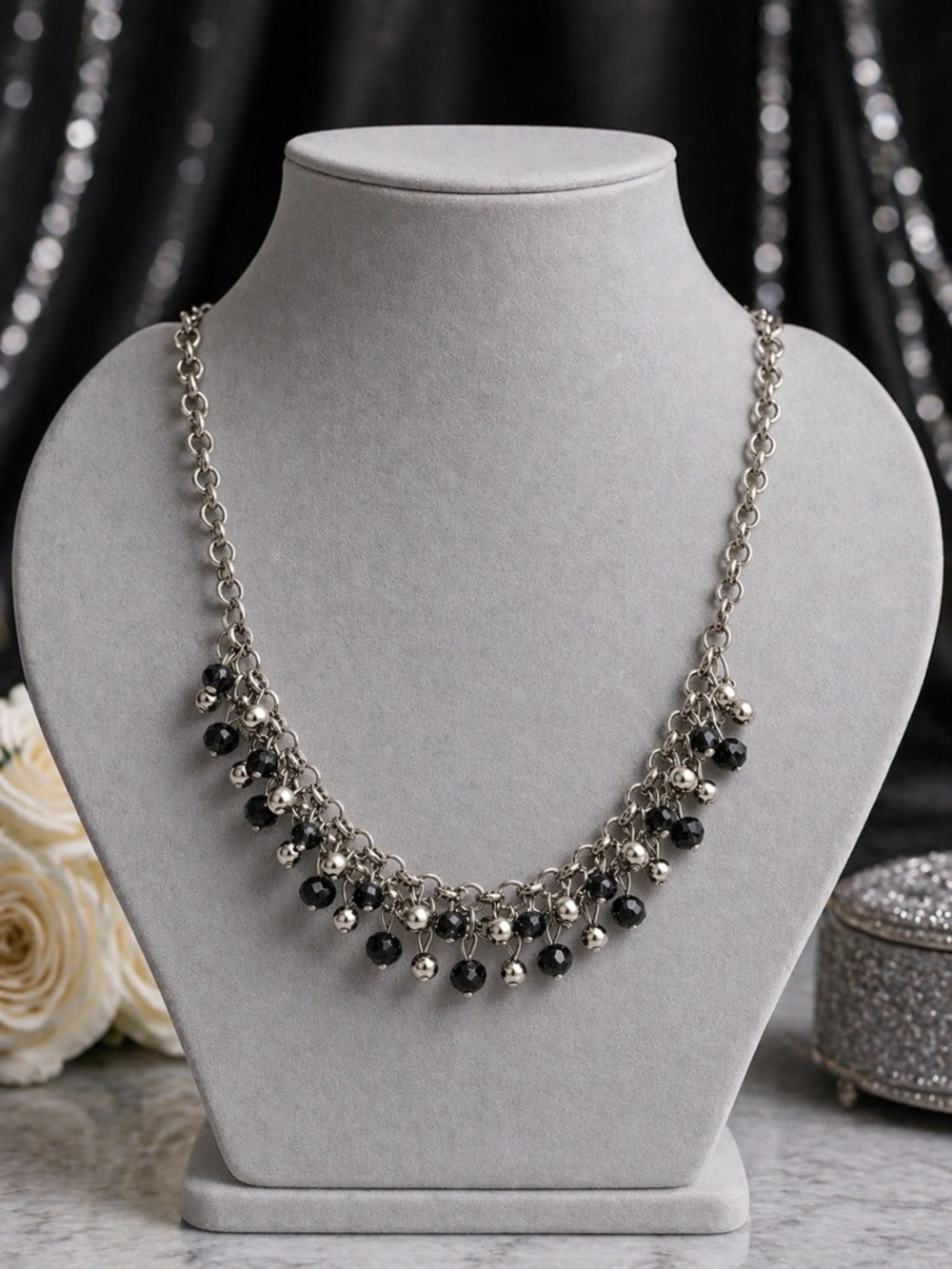 Silver-Tone Fringe Necklace Black Faceted Beads Dangle Statement